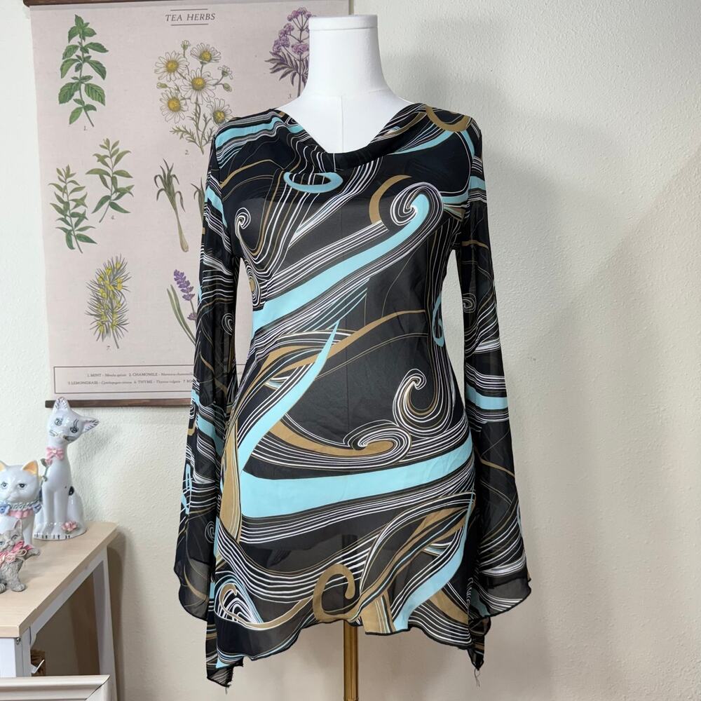 90s Y2k Sheer Flare Sleeve Asymmetric Tunic Top Retro Hippie Boho Fairy Grunge L